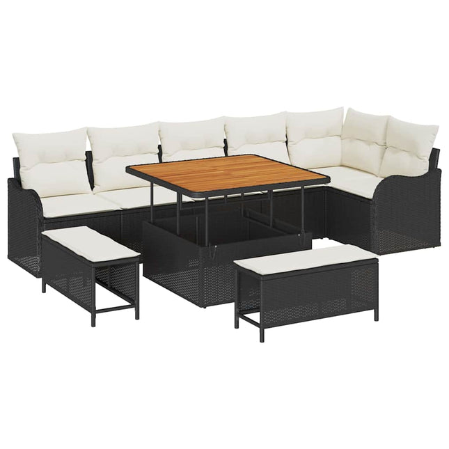 Havesofa Sæt med pude 9 pcs Sort polyrattan