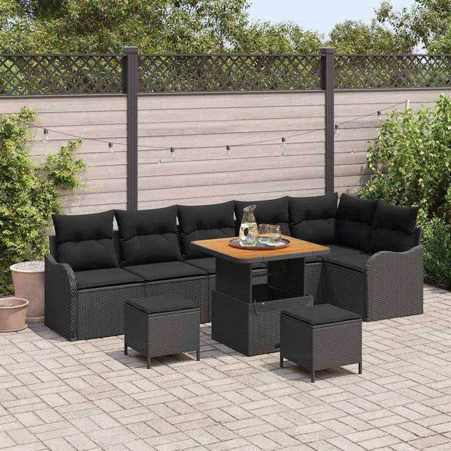 Havesofa Sæt med pude 9 pcs Sort polyrattan
