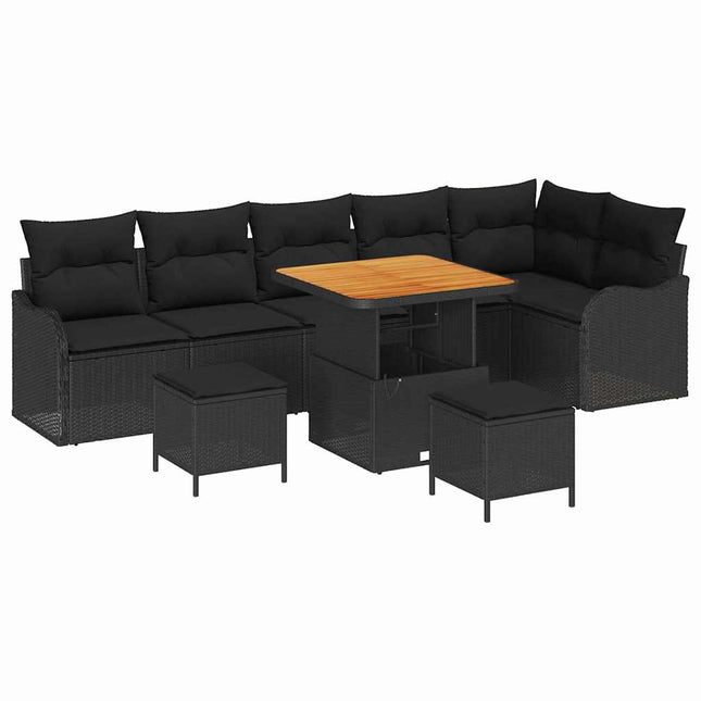Havesofa Sæt med pude 9 pcs Sort polyrattan