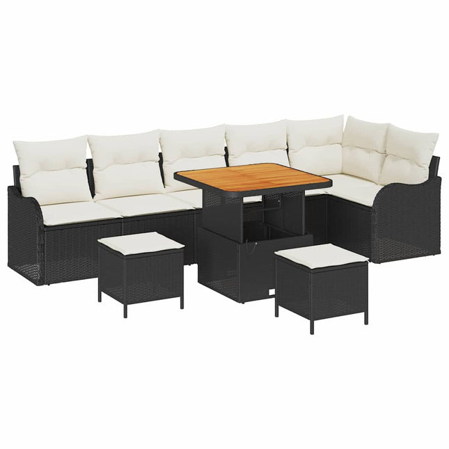 Havesofa Sæt med pude 9 pcs Sort polyrattan