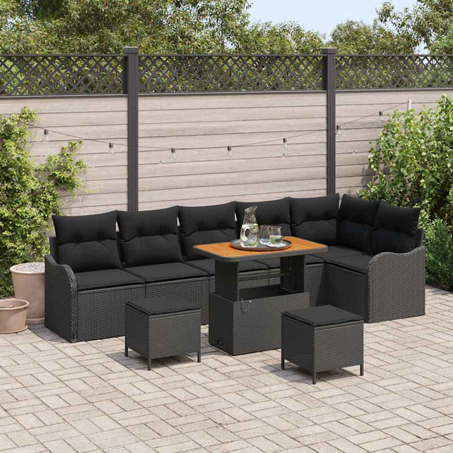 Havesofa Sæt med pude 9 pcs Sort polyrattan