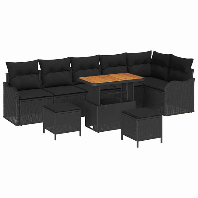 Havesofa Sæt med pude 9 pcs Sort polyrattan