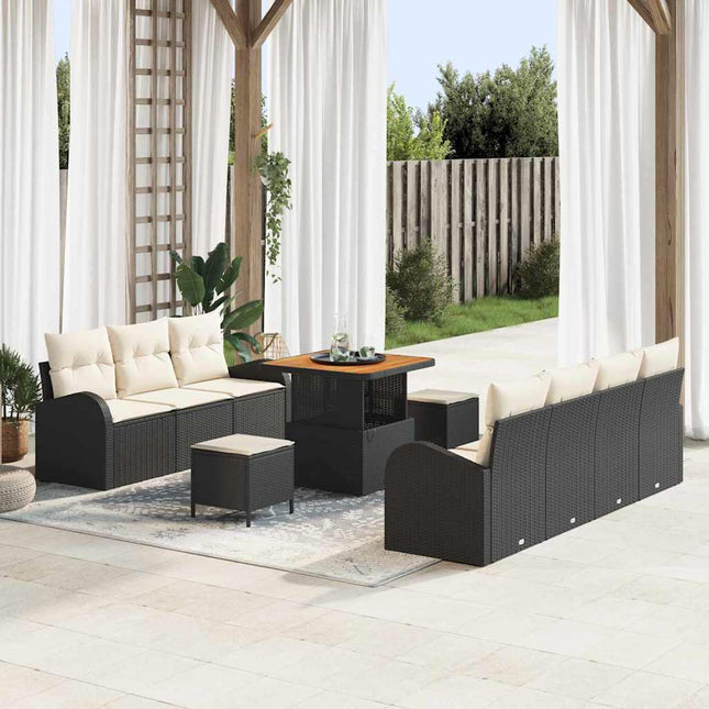Havesofa Sæt med pude 10 pcs Sort polyrattan