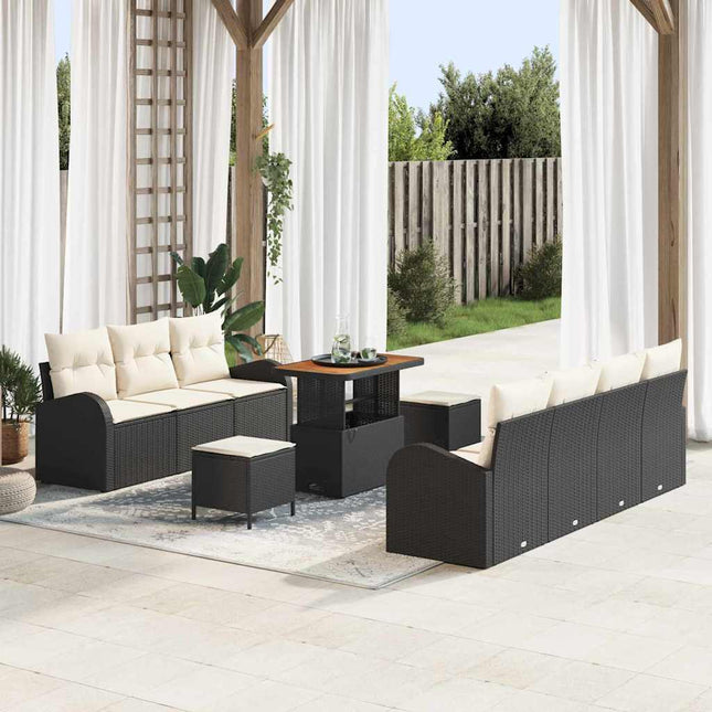 Havesofa Sæt med pude 10 pcs Sort polyrattan