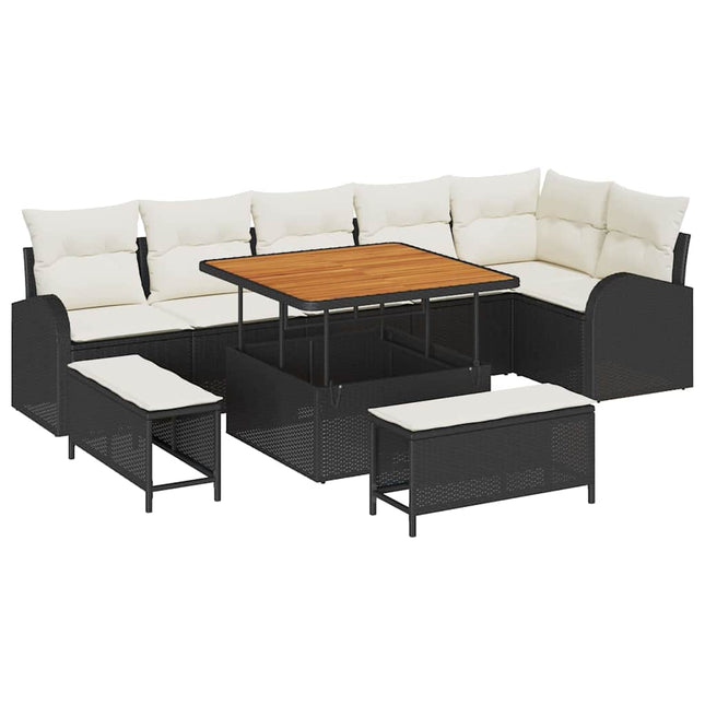 Havesofa Sæt med pude 9 pcs Sort polyrattan