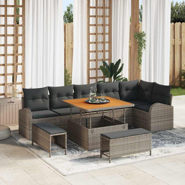 Havesofa Sæt med pude 9 pcs Grå polyrattan