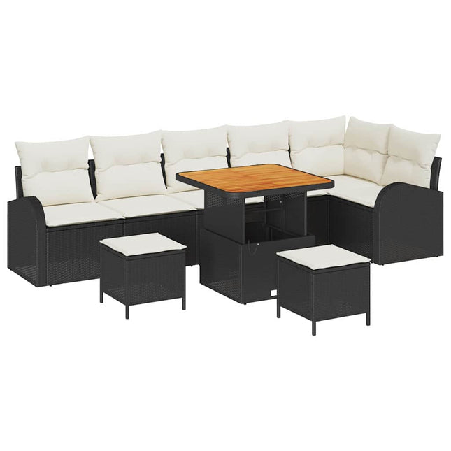 Havesofa Sæt med pude 9 pcs Sort polyrattan