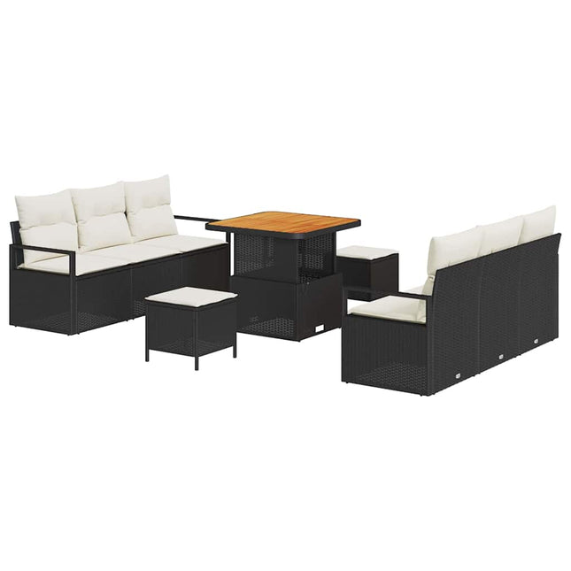 Havesofa Sæt med pude 9 pcs Sort polyrattan