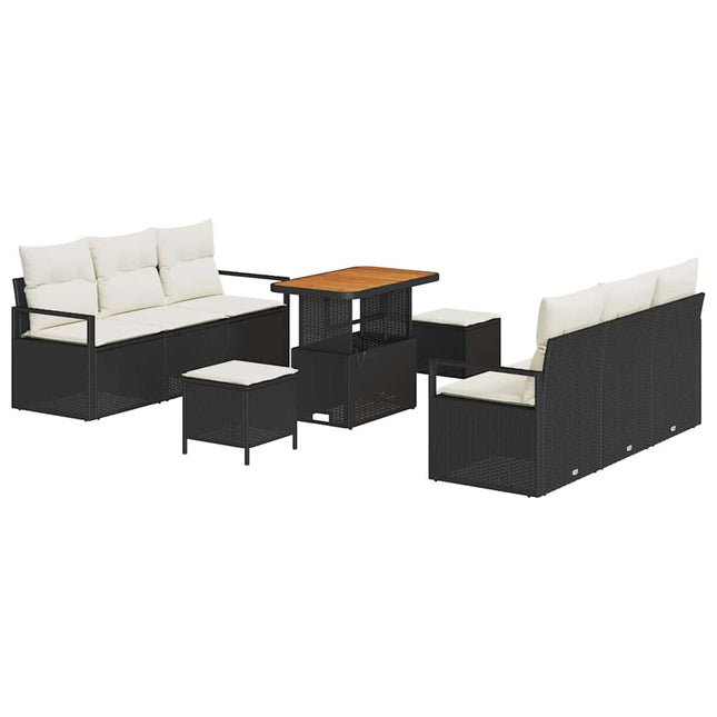Havesofa Sæt med pude 9 pcs Sort polyrattan