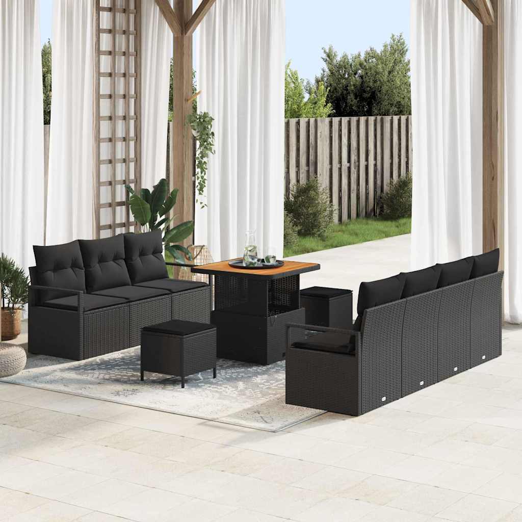 Havesofa Sæt med pude 10 pcs Sort polyrattan
