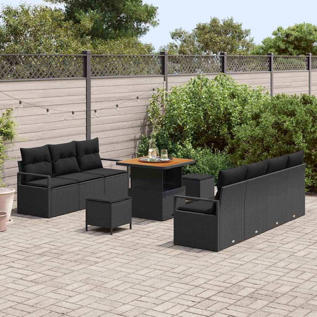 Havesofa Sæt med pude 10 pcs Sort polyrattan