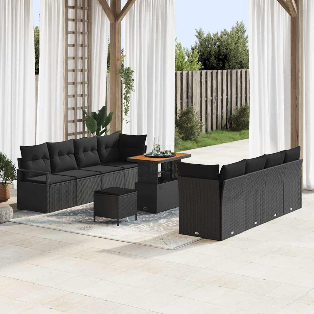 Havesofa Sæt med pude 11 pcs Sort polyrattan