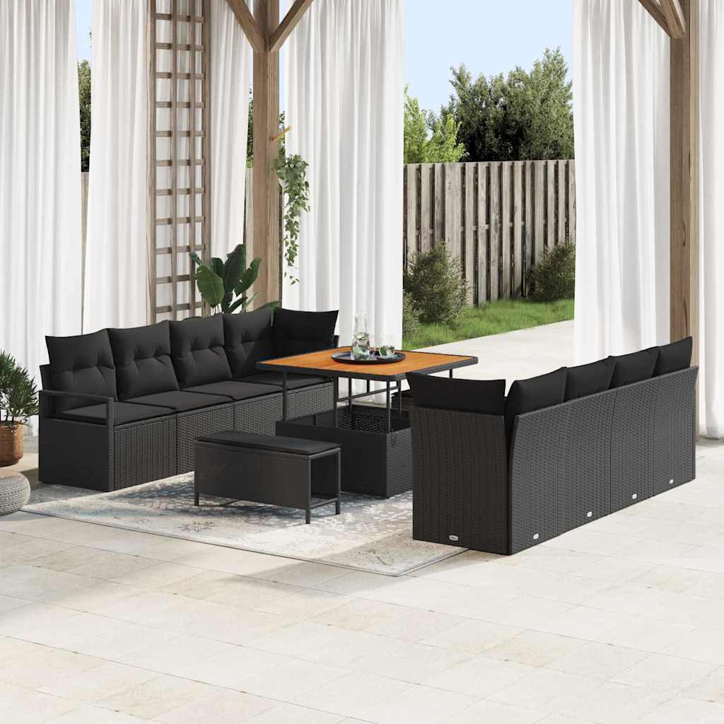 Havesofa Sæt med pude 11 pcs Sort polyrattan
