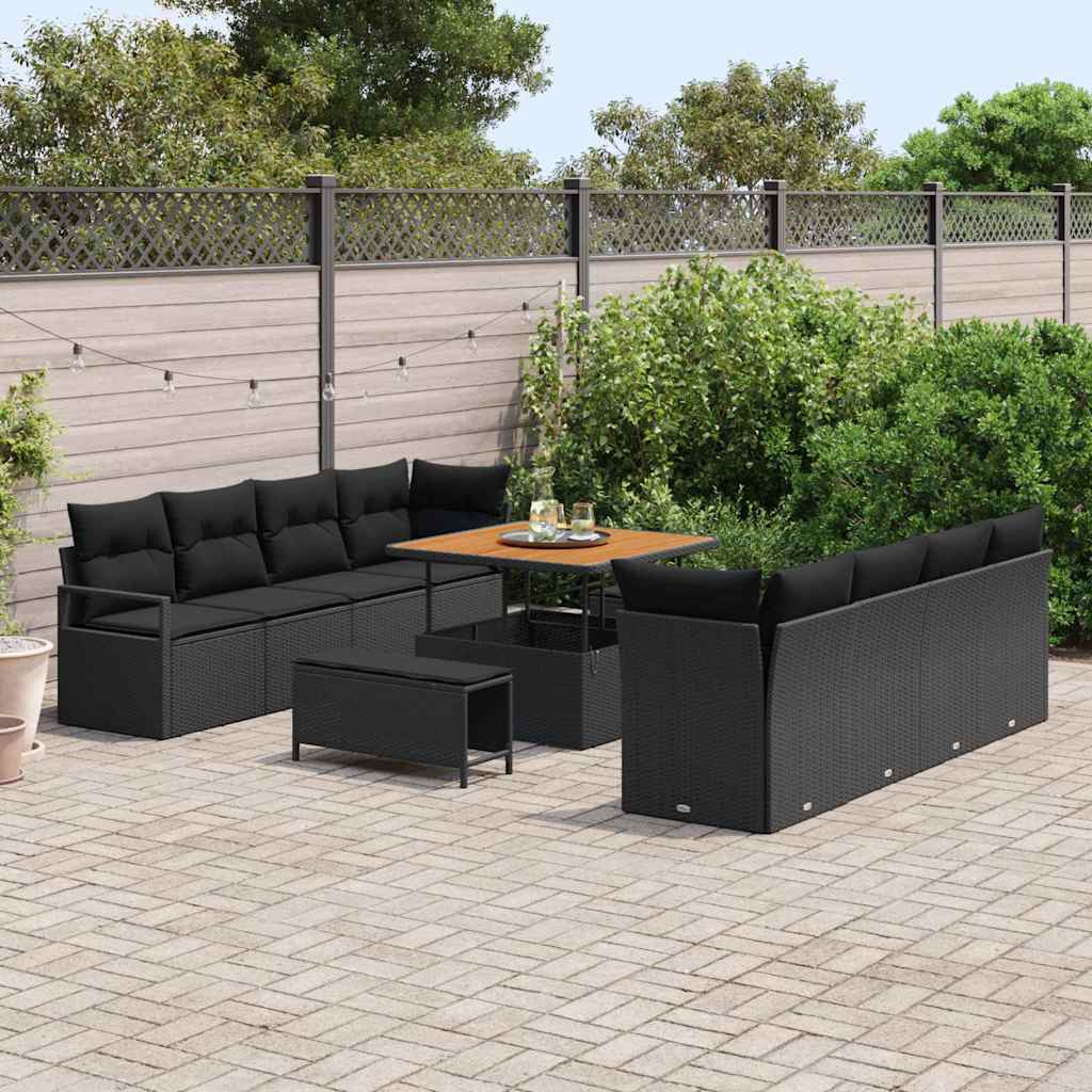 Havesofa Sæt med pude 11 pcs Sort polyrattan