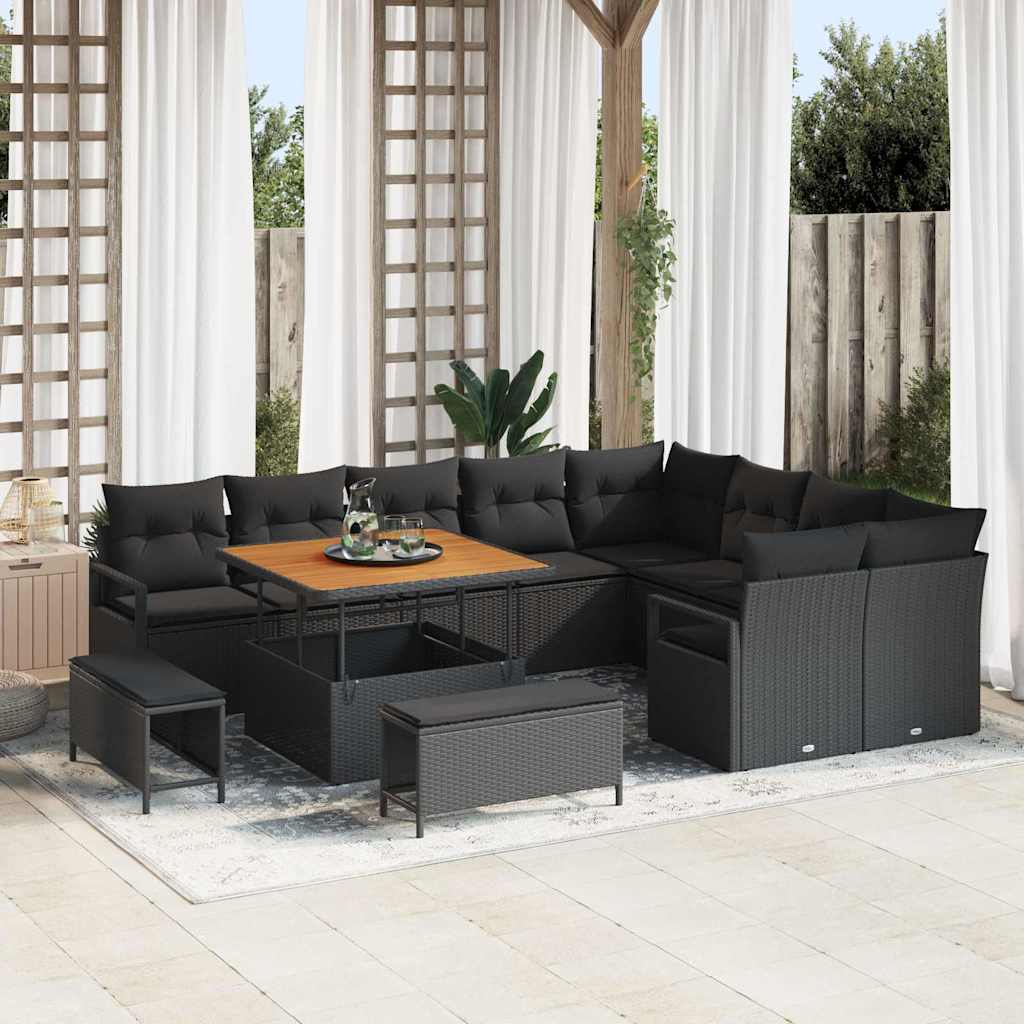 Havesofa Sæt med pude 12 pcs Sort polyrattan