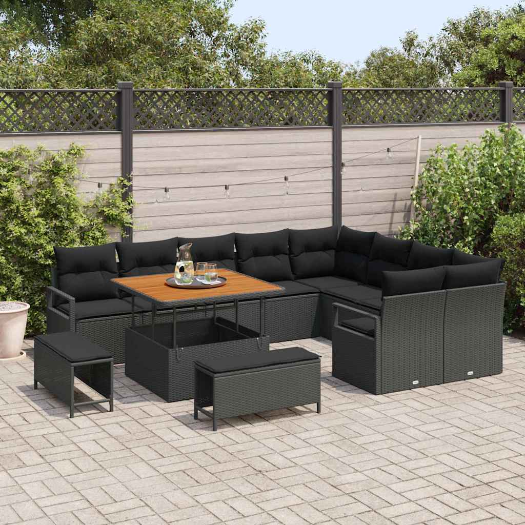 Havesofa Sæt med pude 12 pcs Sort polyrattan