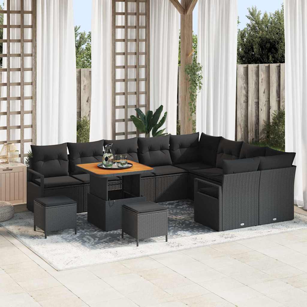 Havesofa Sæt med pude 12 pcs Sort polyrattan