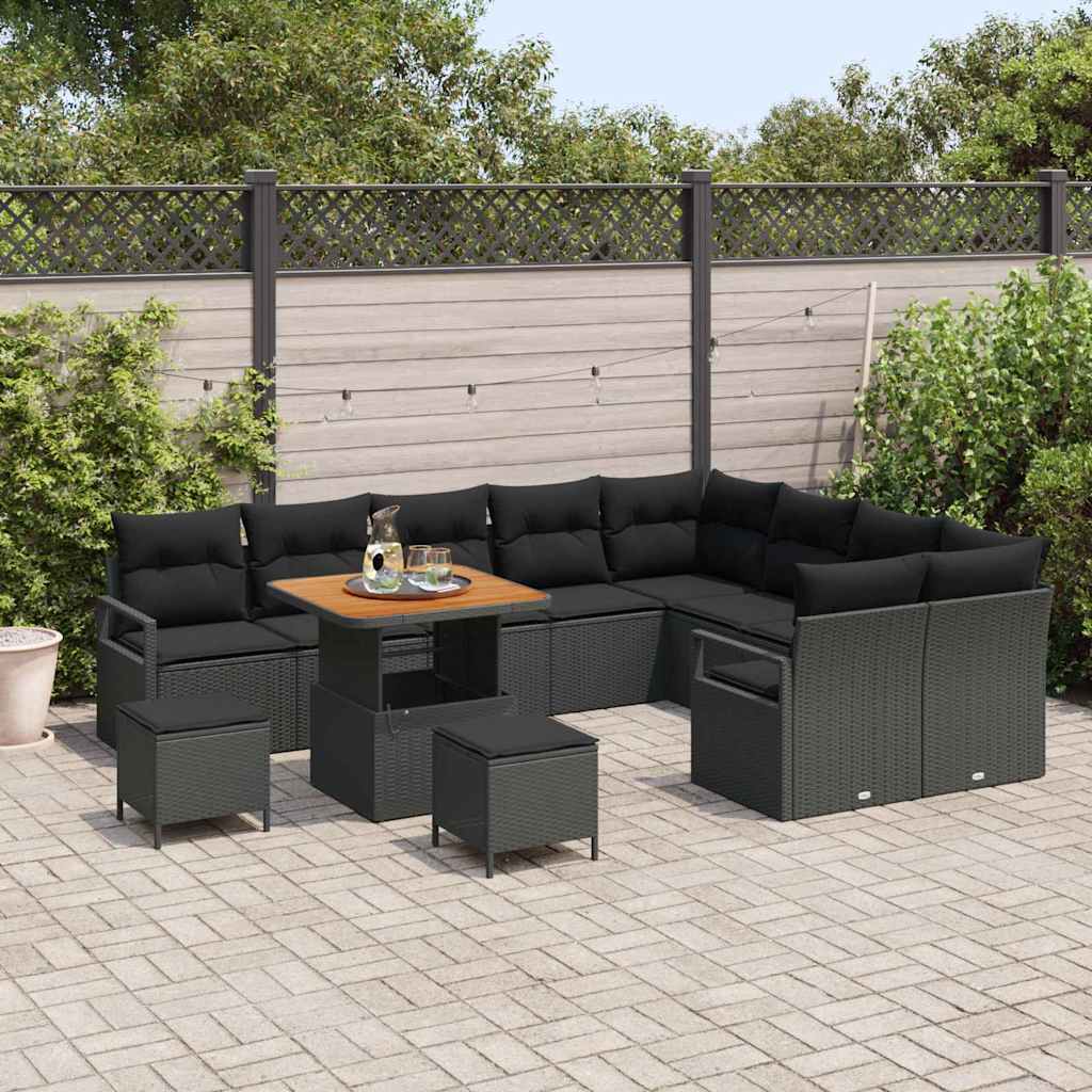 Havesofa Sæt med pude 12 pcs Sort polyrattan
