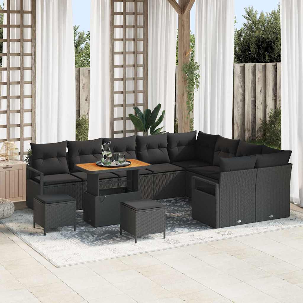 Havesofa Sæt med pude 12 pcs Sort polyrattan