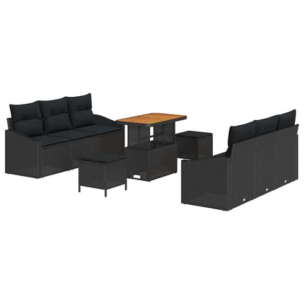 Havesofa Sæt med pude 9 pcs Sort polyrattan