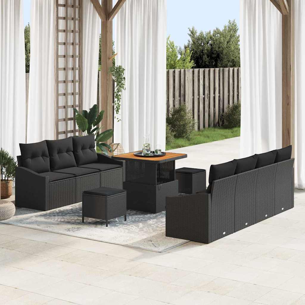 Havesofa Sæt med pude 10 pcs Sort polyrattan