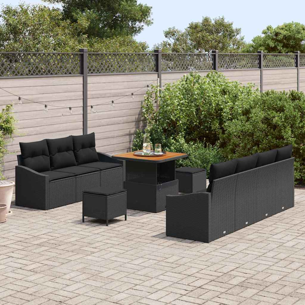 Havesofa Sæt med pude 10 pcs Sort polyrattan