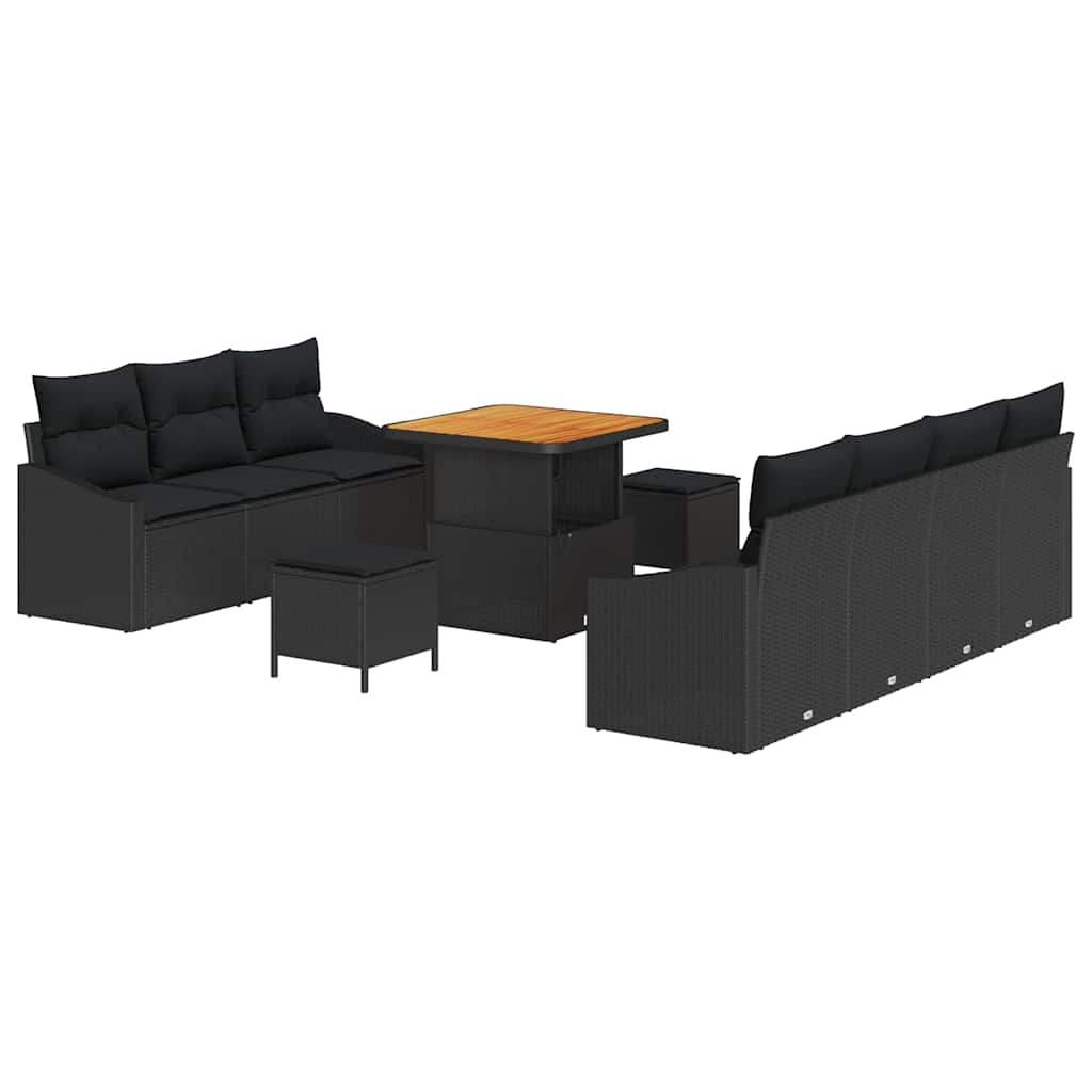 Havesofa Sæt med pude 10 pcs Sort polyrattan