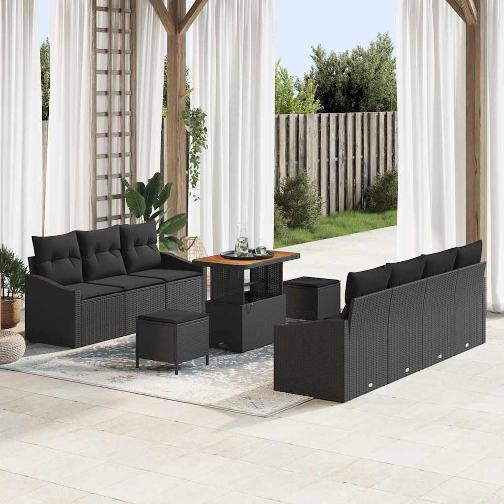 Havesofa Sæt med pude 10 pcs Sort polyrattan