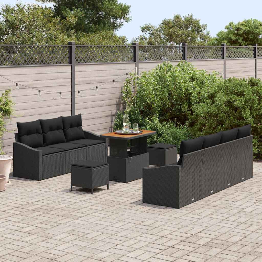 Havesofa Sæt med pude 10 pcs Sort polyrattan