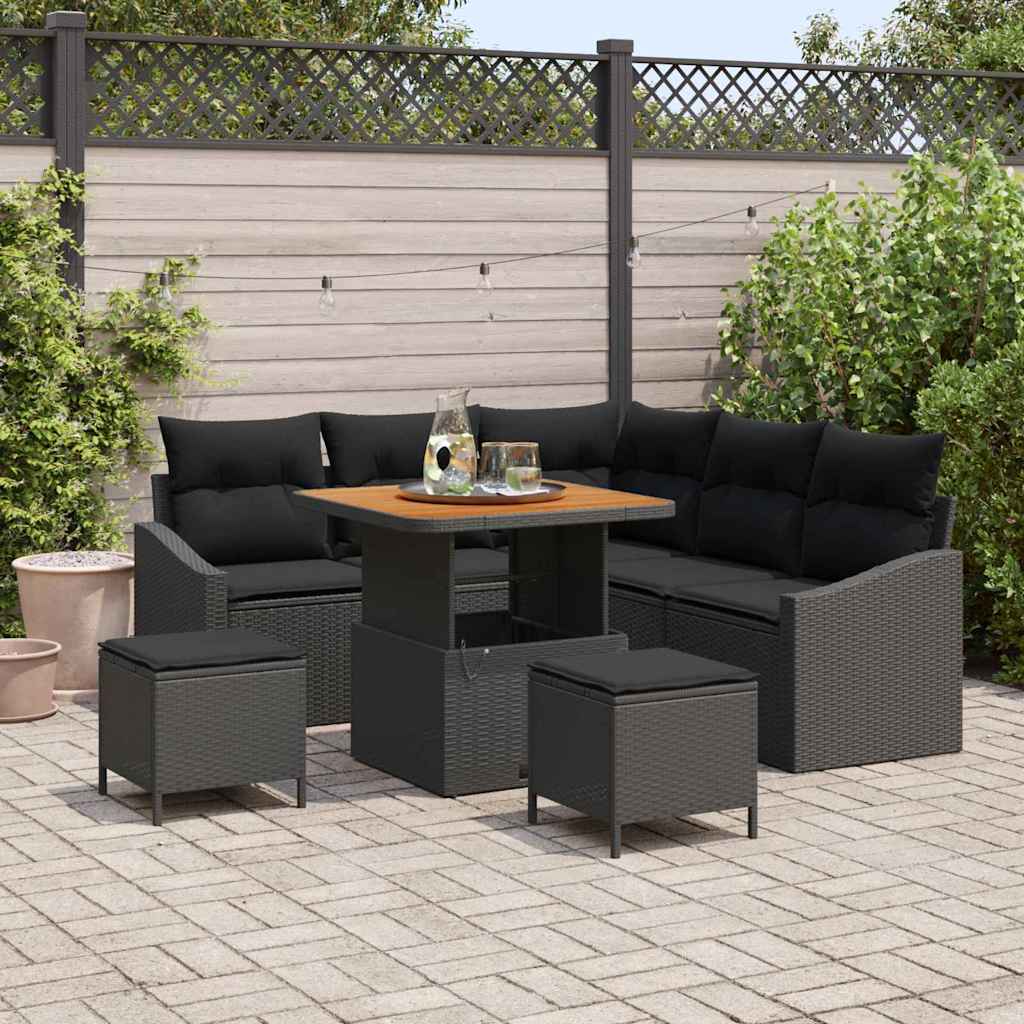 Havesofa Sæt med pude 8 pcs Sort polyrattan