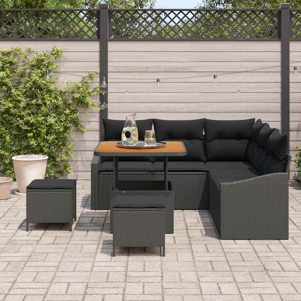 Havesofa Sæt med pude 8 pcs Sort polyrattan