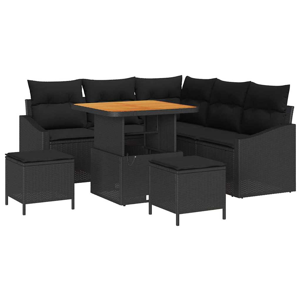 Havesofa Sæt med pude 8 pcs Sort polyrattan