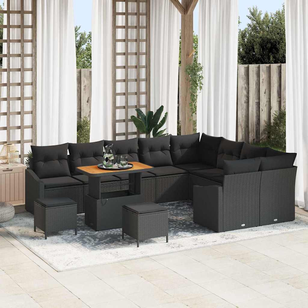 Havesofa Sæt med pude 12 pcs Sort polyrattan