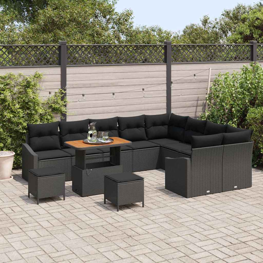 Havesofa Sæt med pude 12 pcs Sort polyrattan