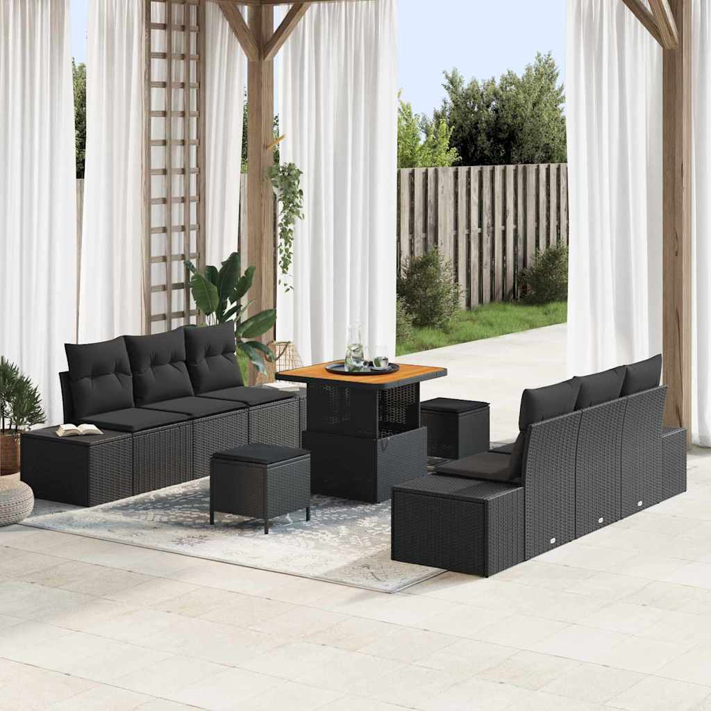 Havesofa Sæt med pude 9 pcs Sort polyrattan