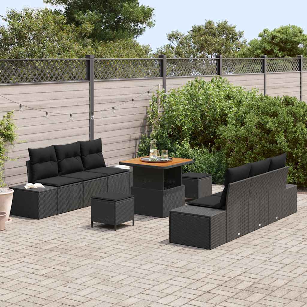 Havesofa Sæt med pude 9 pcs Sort polyrattan