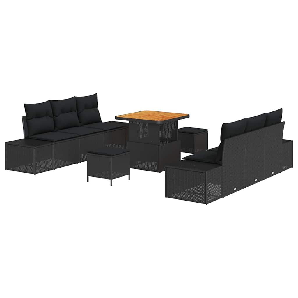Havesofa Sæt med pude 9 pcs Sort polyrattan