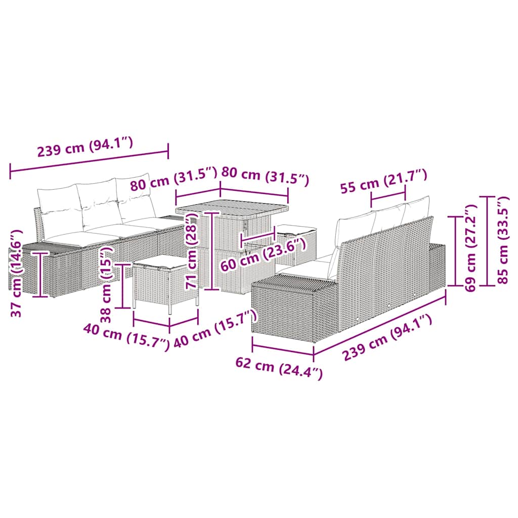 Havesofa Sæt med pude 9 pcs Sort polyrattan