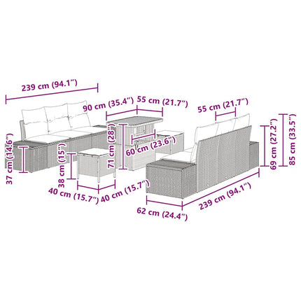 Havesofa Sæt med pude 9 pcs Beige polyrattan