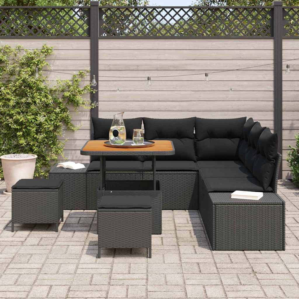 Havesofa Sæt med pude 8 pcs Sort polyrattan