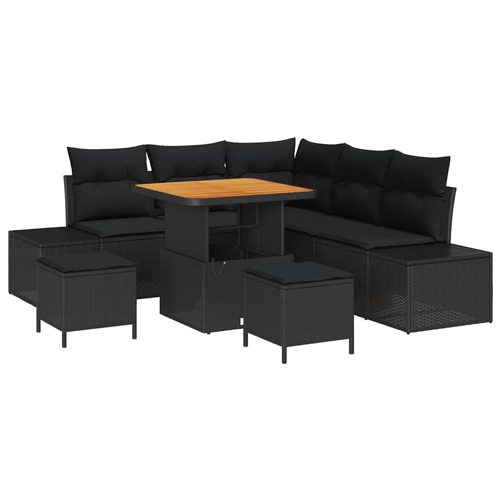 Havesofa Sæt med pude 8 pcs Sort polyrattan