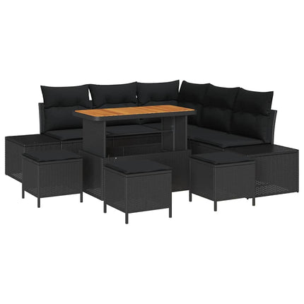 Havesofa Sæt med pude 9 pcs Sort polyrattan