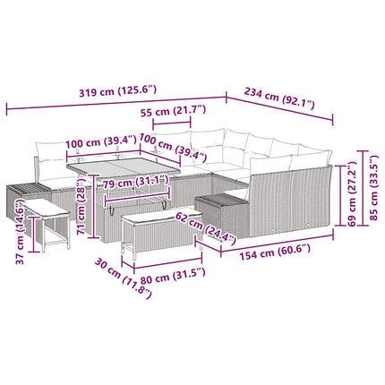 Havesofa Sæt med pude 12 pcs Sort polyrattan