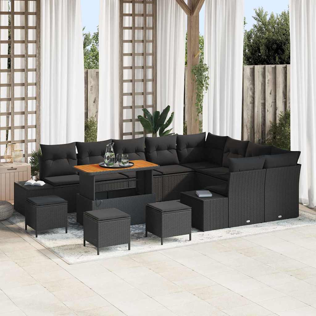 Havesofa Sæt med pude 13 pcs Sort polyrattan