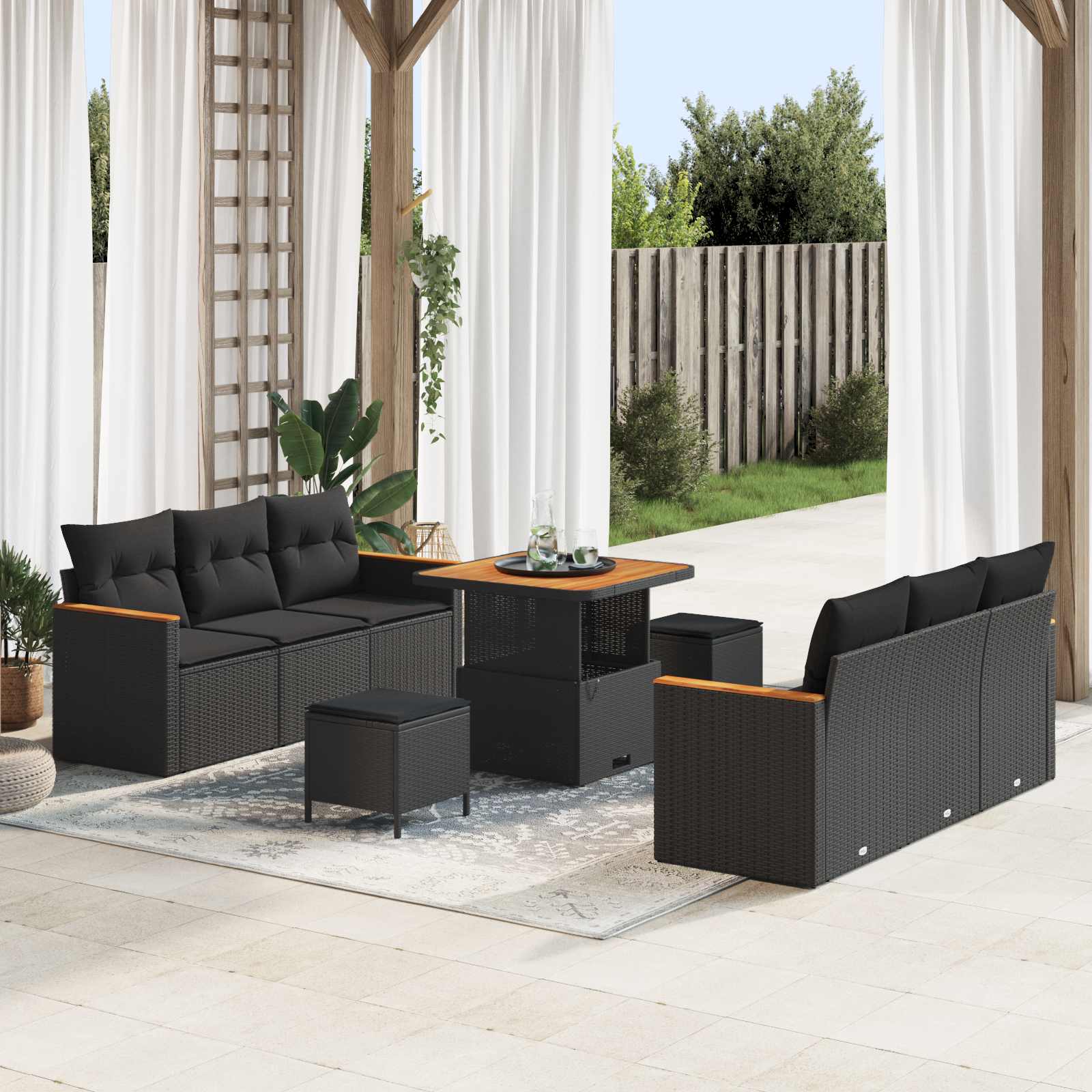 Havesofa Sæt 9 pcs Sort polyrattan