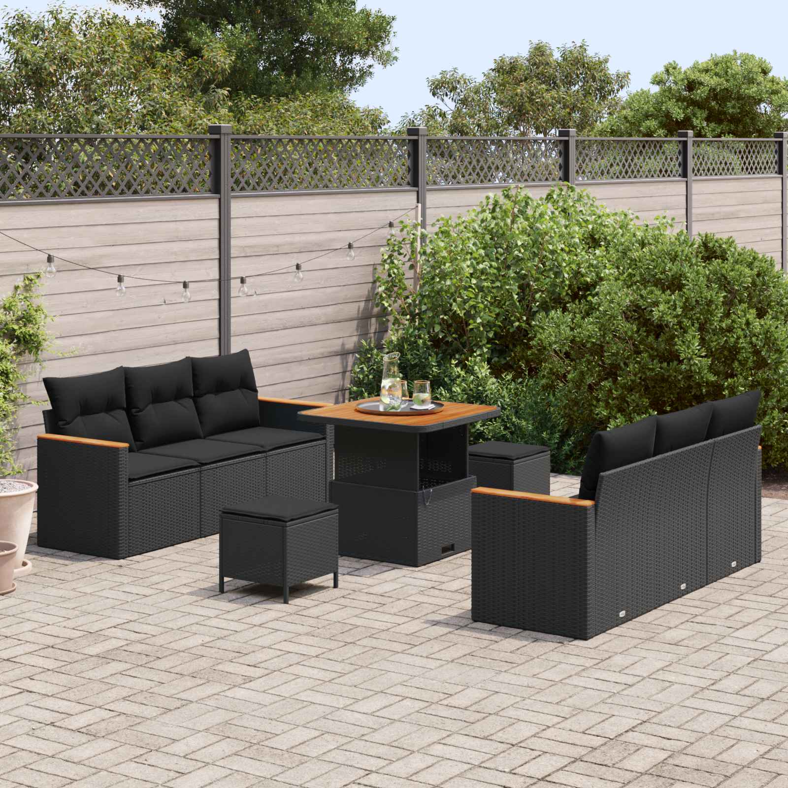 Havesofa Sæt 9 pcs Sort polyrattan
