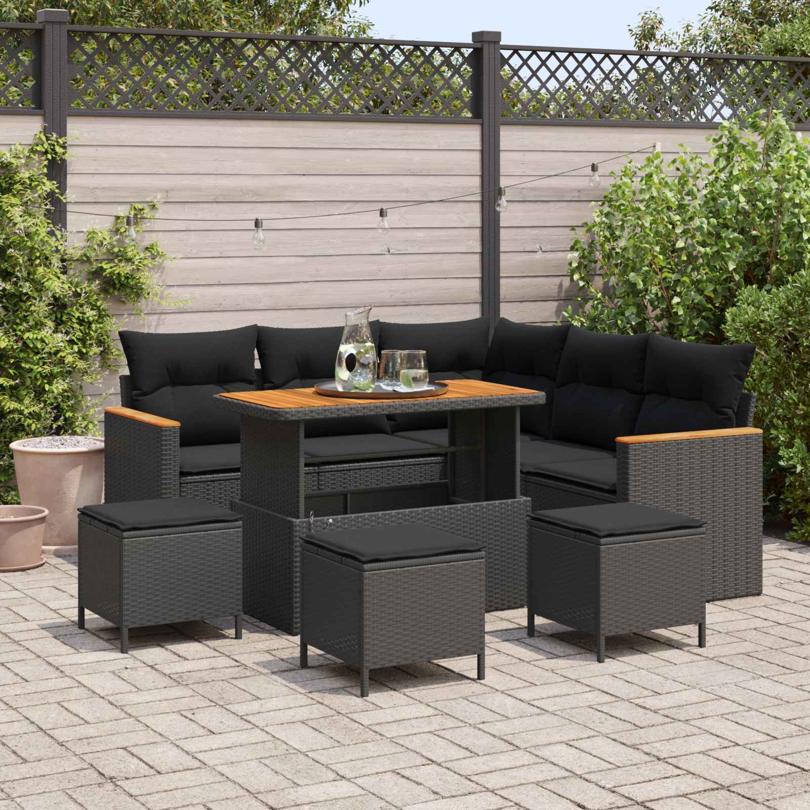 Havesofa Sæt 9 pcs Sort polyrattan