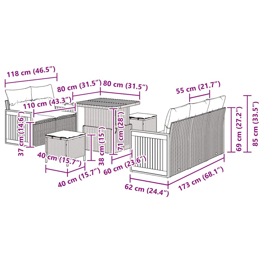 Havesofa Sæt med pude 8 pcs Sort 80 x 80 x 71 cm