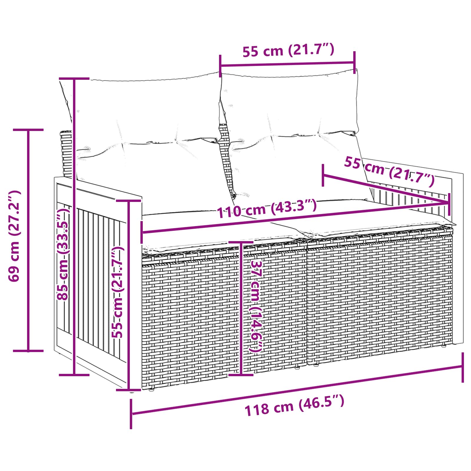 Havesofa Sæt 8 pcs Sort Poly Rattan og Pulverlakeret Stål