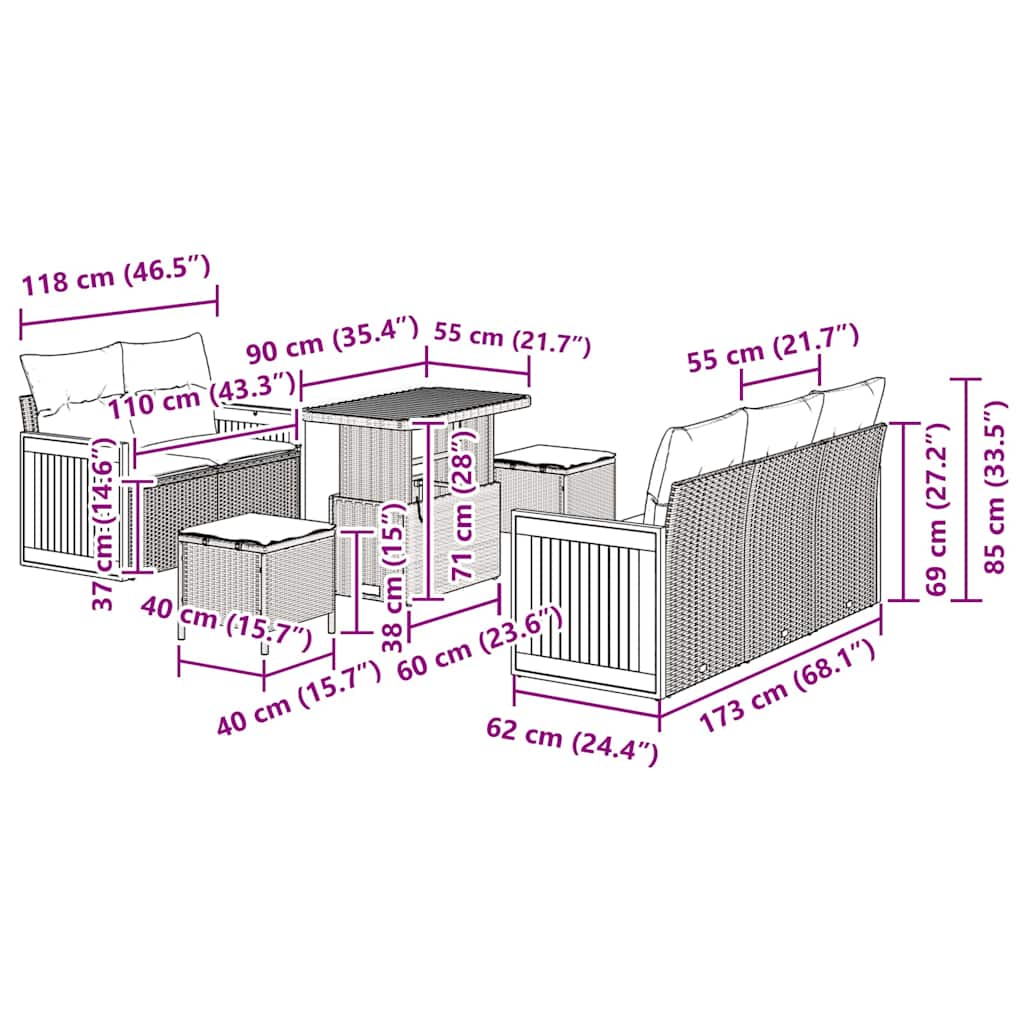 Havesofa Sæt med pude 8 pcs Sort og cremefarvet 90 x 55 x 71 cm